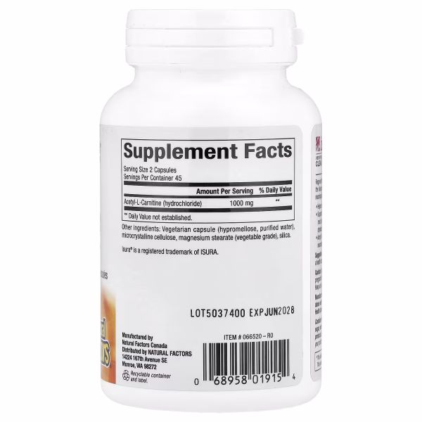 Natural Factors, RegenerLife®, Acetyl-LCarnitine, 90 Vegetarian Capsules (500 mg per Capsule) - Image 3